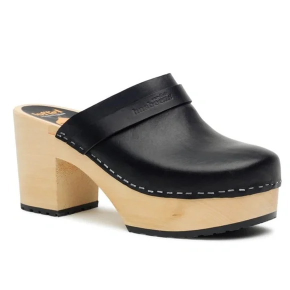 Swedish Hasbeens LOUISE Black Leather Platform Clogs Heels 38 - Picture 4 of 10